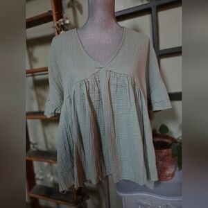 Ces Femme Sage Green Muslin Cotton V-Neck Blouse